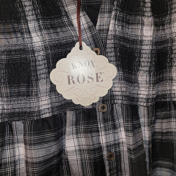 Knox Rose Womens Black Plaid Smocked Dress Size XS Long Sleeve Button Front - Picture 8 of 8